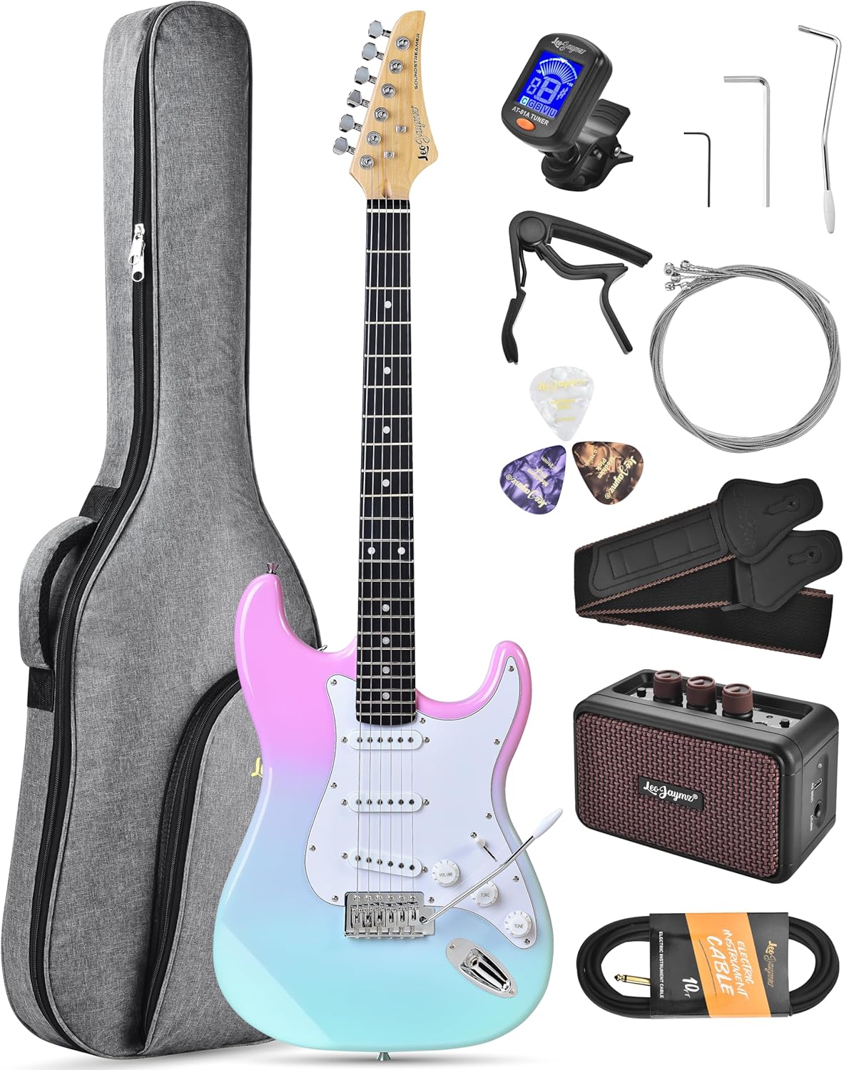 Leo Jaymz Beginner Electric Guitar Complete Kit with Portable Amp, Padded Gig Bag & Full Accessories, Maple Neck SSS Pickups(Pink-Cyan Fade)
