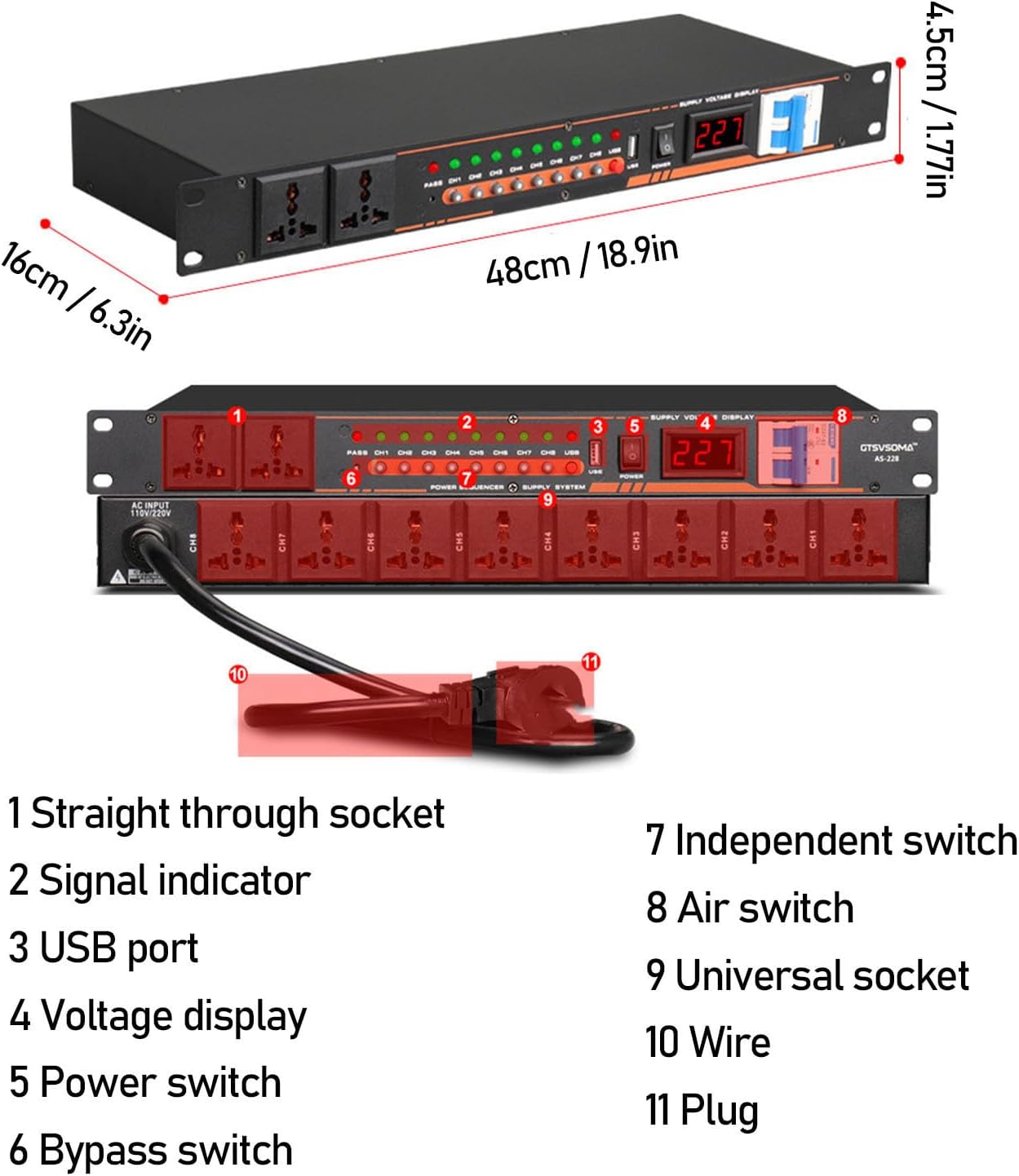 Tangxi 10 Outlet Power Sequencer, High Power Audio Equipment Controller with Digital Voltage Display, for Stage Amplifier Studio PA System (US Plug)