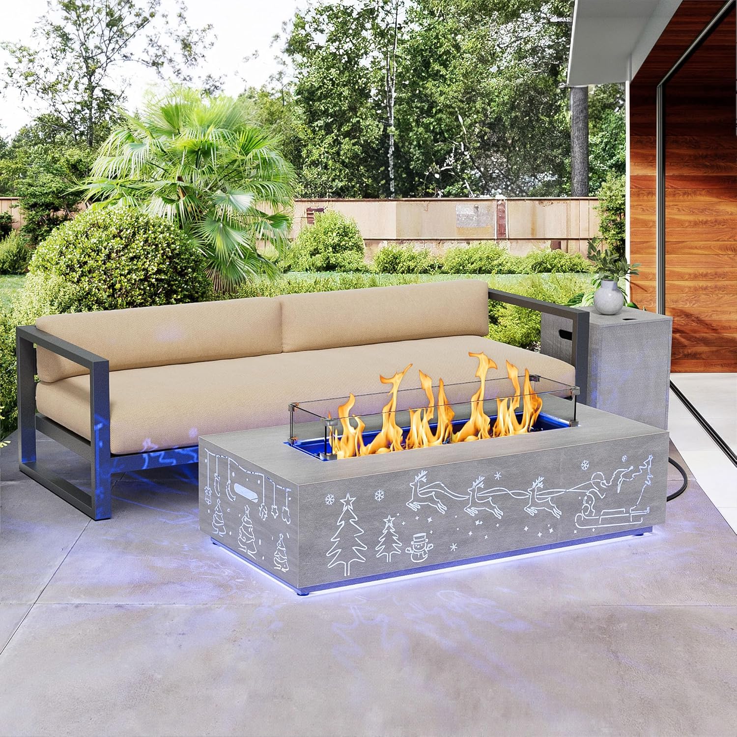 Outdoor Fire Pit Table with LED Light Propane Fire pits Outdoor Fireplaces 42″ Rectangular Firepit Table, 50,003 BTU Fire Table (Light Gray - RGB Light)