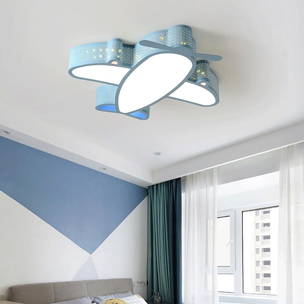 Skyblaze Blue Airplane Ceiling Light Fixtures, Kids Room Ceiling Lighting with Remote Control, Modern LED Dimmable Flush Mount Ceiling Light for Kid's Bedroom Nursery