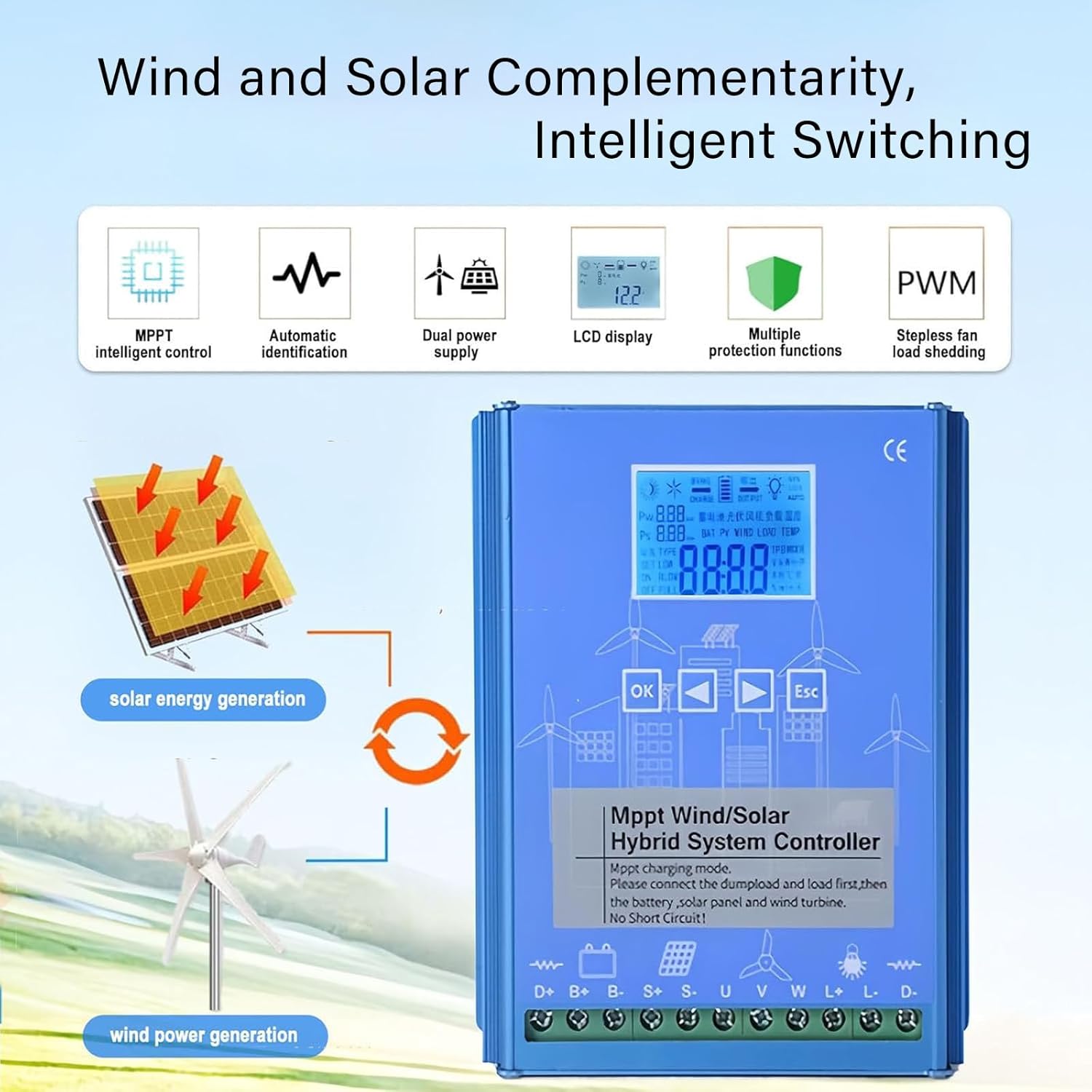 2000W Wind Solar Hybrid Charge Controller 12V 24V 48V MPPT Boost Charge Regulator with LCD Display and Dump Load for Home Street Light 12/24V