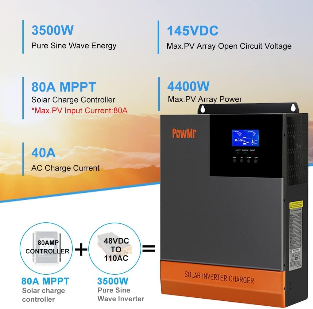 PowMr 5600W Solar Inverter, Off Grid Charger 48V Pure Sine Wave Hybrid Inverter 220V with 80A MPPT Charger, 48 Volt Lead Acid/Lithium Support Parallel 6 Solar Inverter