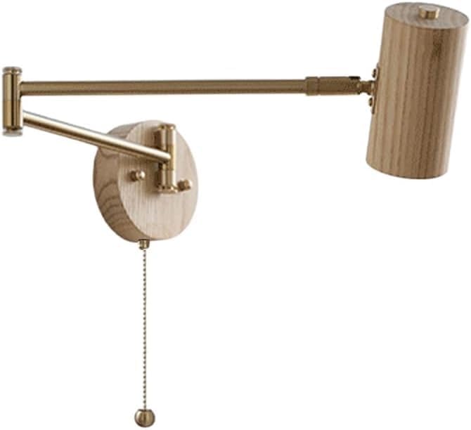 1-Light Adjustable Swing Arm Wall Sconce, E27 Wood Wall Light with Pull Cord Bedside Reading Wall Lamp, Nordic Hardwired Sconces Wall Lighting Fixture for Living Room(Raw Wood)