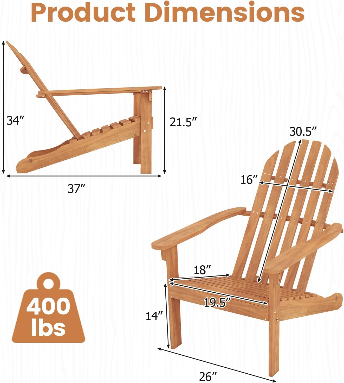 DORTALA Adirondack Chair, Acacia Wood Fire Pit Chair with Arc-Shaped Backrest and Armrests, 400 LBS Weight Capacity, Outdoor Lawn Chair for Patio, Backyard, Deck and Poolside (4)
