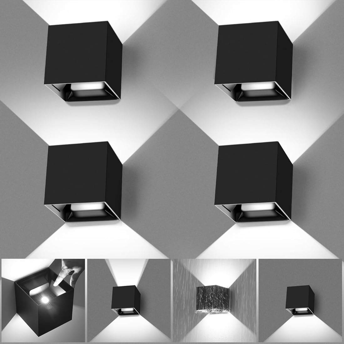 20W Outdoor Wall Light 6500K Up and Down Square LED Modern Wall Sconce Adjustable Black Porch Light IP65 Waterproof Aluminum Exterior Fixture for,Stair,Garage,Patio,Garden (4 Pack)