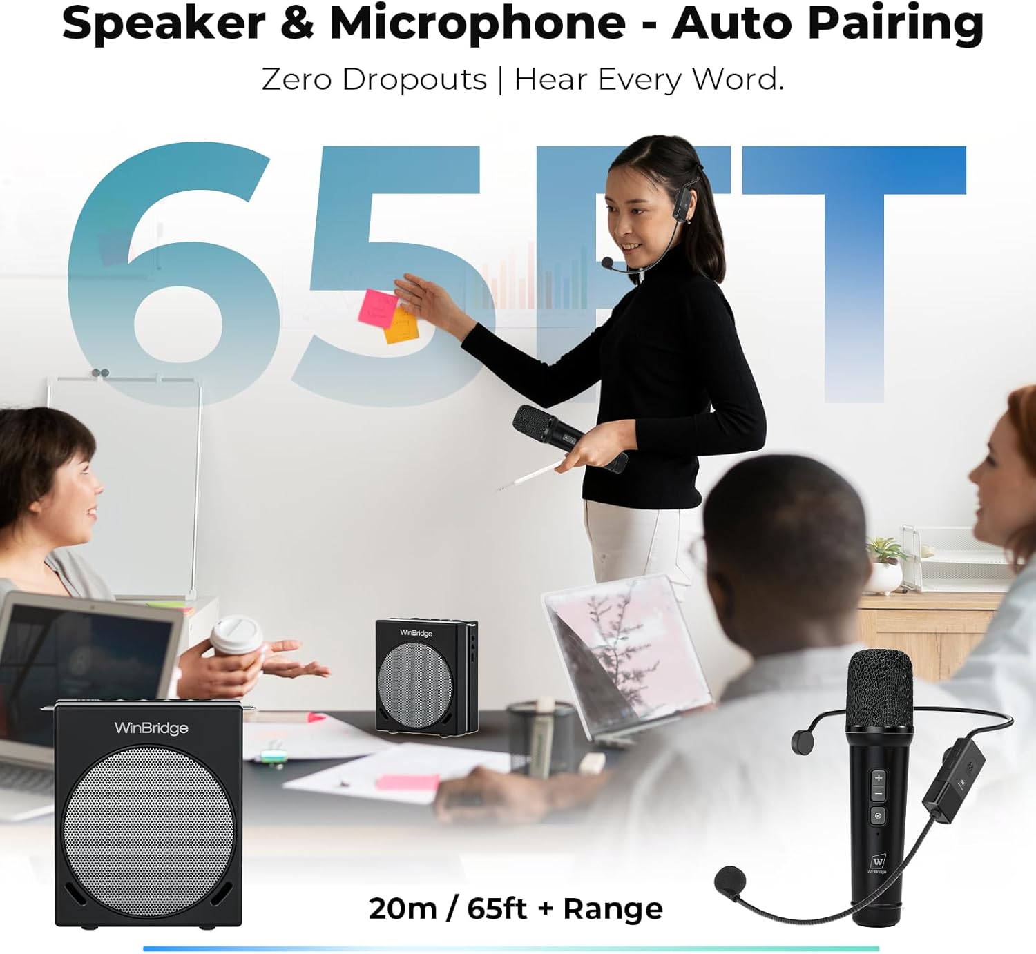 WinBridge Portable PA System with Bluetooth Microphone, 30W Wireless Voice Amplifier Speaker & Portable Microphone for Teachers, Tour Guide, Presentation, Coaching, Church, Classroom S91