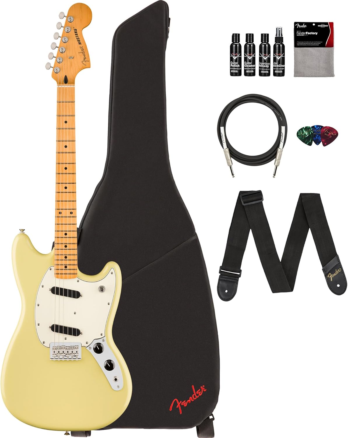 Fender Player II Mustang - Hialeah Yellow Bundle with Gig Bag, Strap, Cable, 3-Pack Picks and Guitar Cleaning Kit