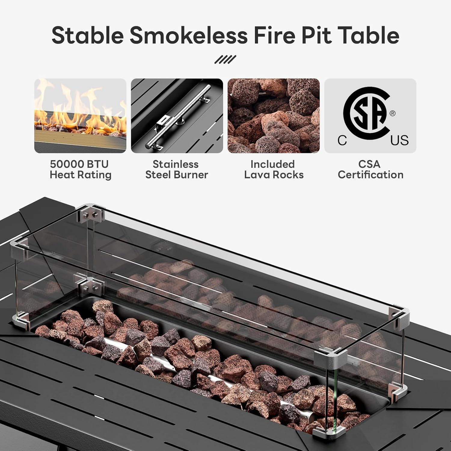 43 Inch Fire Pit Table, Propane Gas Fire Pit Table with 50,000 BTU, Outdoor Patio Firepit Table with Glass Wind Guard, Rectangle Fire Table for Patio, Deck, Backyard
