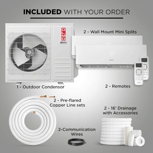 OLMO 24,000 BTU Dual Zone 12000 + 18000 BTU Wall Mount Ductless Mini Split A/C and Heater with 16ft Installation Kits