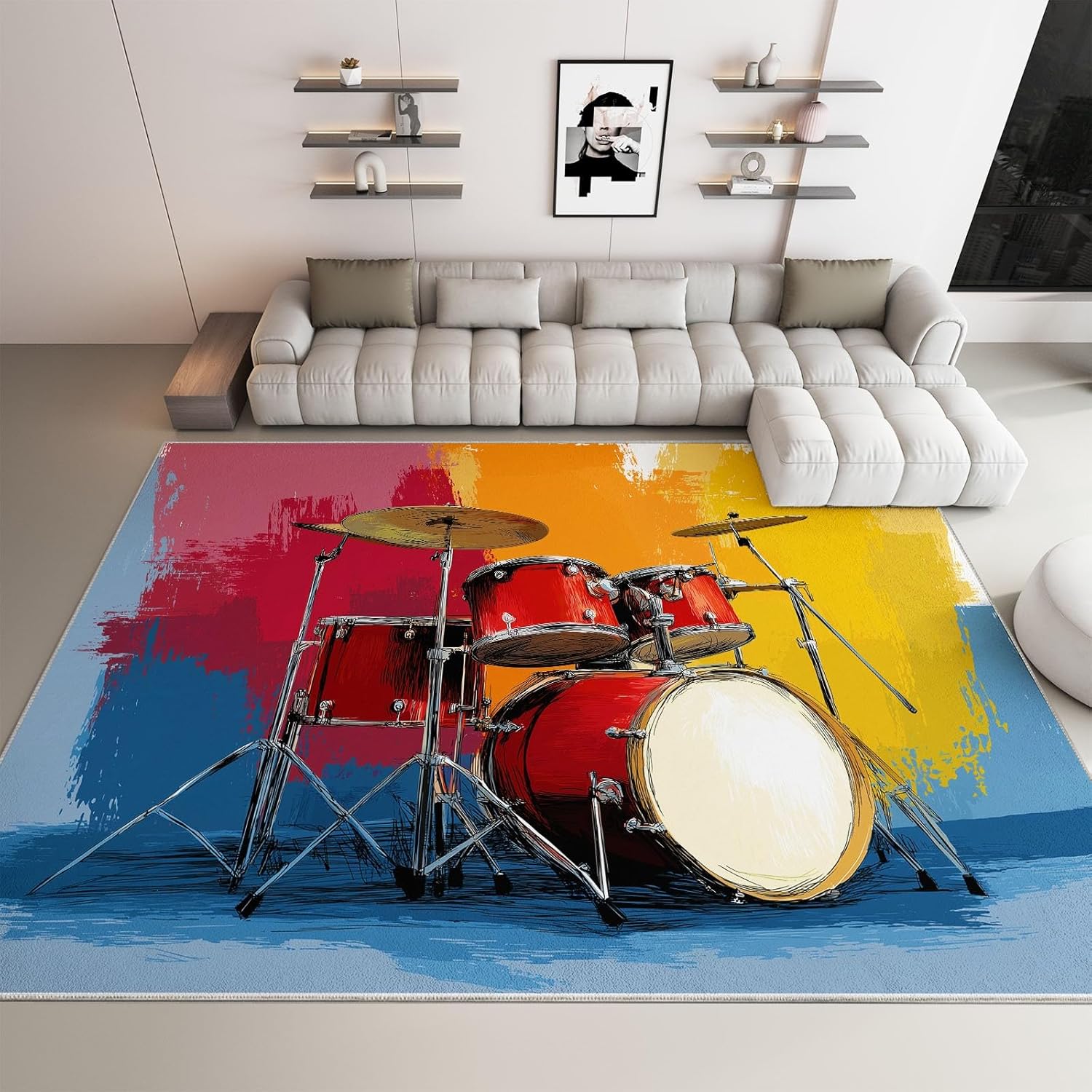 Area Rug for Living Room 8x10 ft Colorful Graffiti Drum Kit Machine Washable Non-Slip Rugs, Soft Accent Rugs, Lightweight Carpet, Foldable Easy Care, Stylish Indoor Area Rug