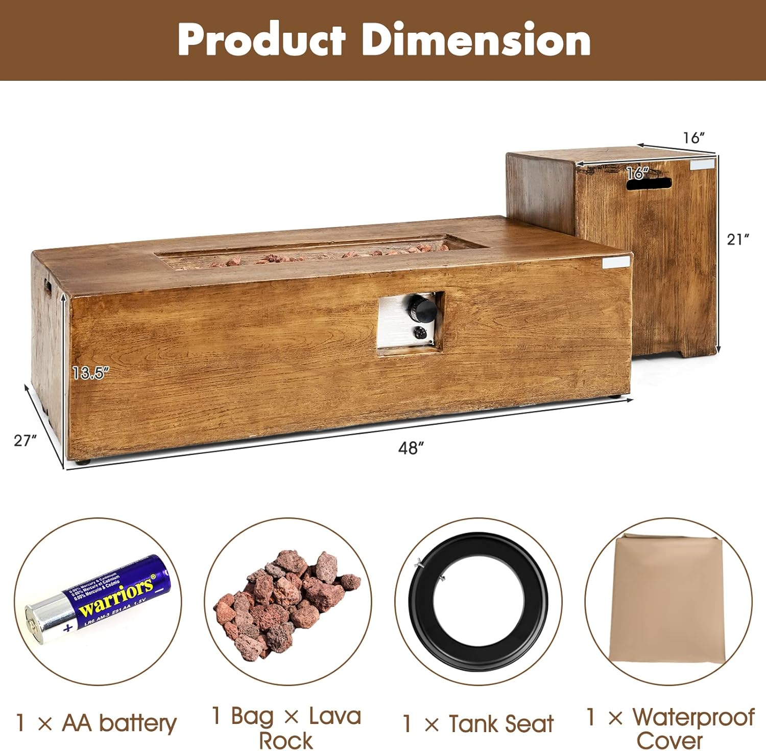 Tangkula 2 Pieces Outdoor Propane Fire Pit Table Set, Patiojoy 48 Inch Rustic 50,000 BTU Rectangular Gas Fire Pit Table with 20 lbs Tank Side Table, Lava Rocks, Cover for Patio, Garden, Yard