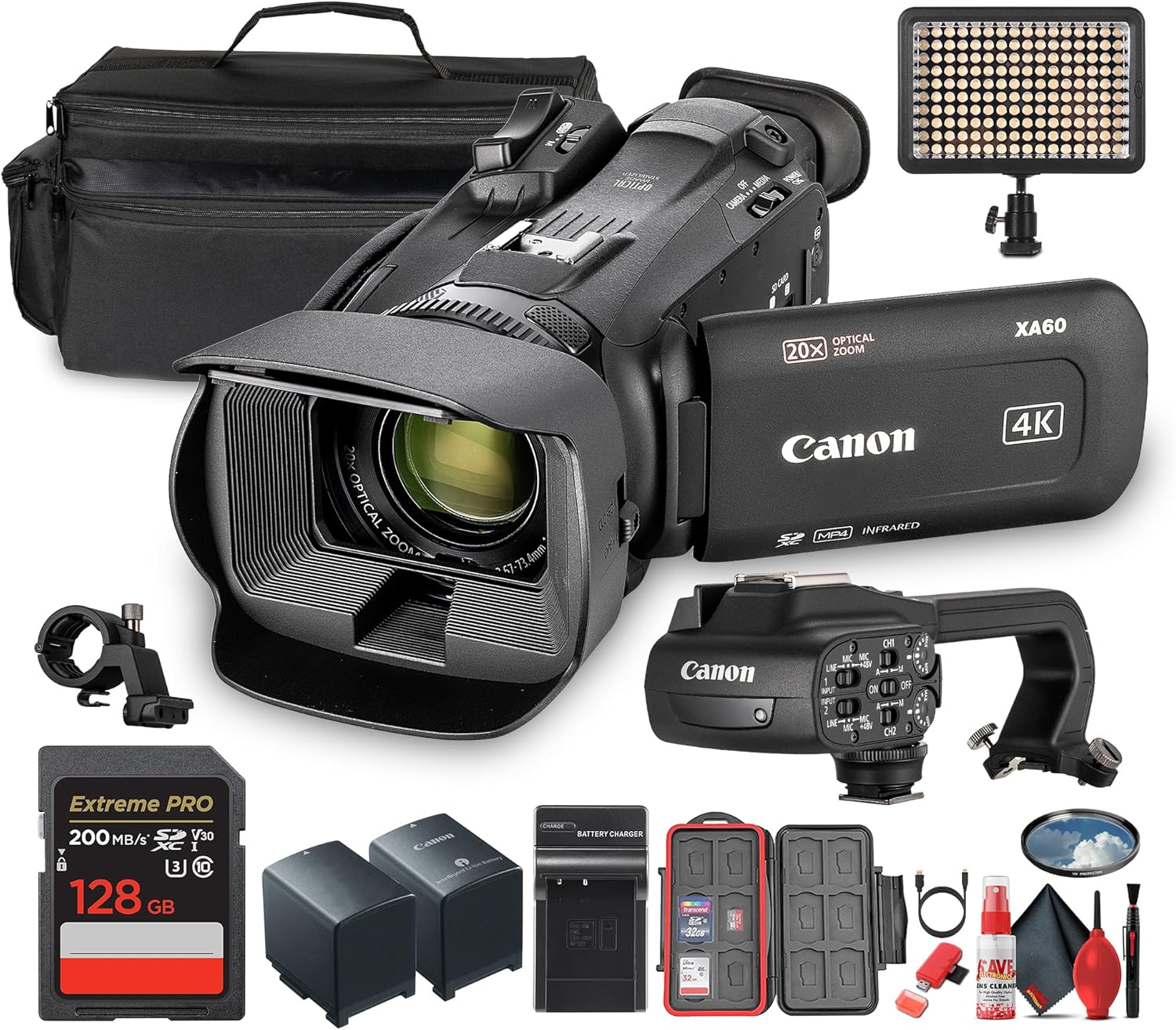 Canon XA60 PAL Professional UHD 4K Camcorder + 128GB Memory Card + LED Flash + Replacement Battery + Charger + Camera Bag + 58MM UV Filter + Protective Memory Card Case + More (Renewed)