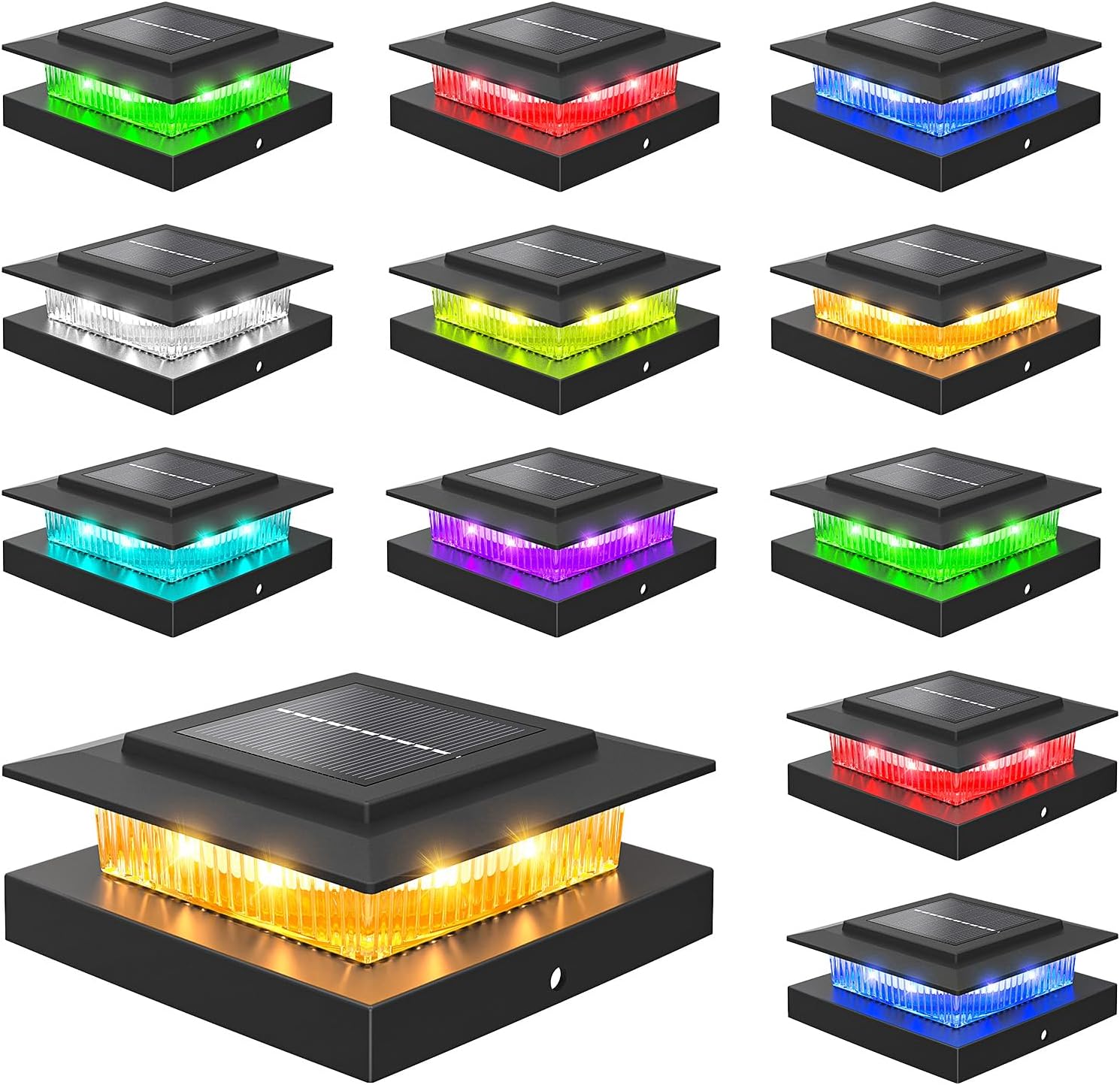 NIORSUN Solar Post Cap Lights Outdoor Waterproof, 4x4 Post Solar Lights RGB Color Changing, Fence Posts Solars Light for Deck Patio Garden Decoration, 4x4 Posts Caps Wood Vinyl, 12 Pack (Black)