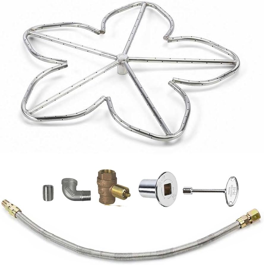 HPC Penta Match Lit Fire Pit Burner Kit (FPS-PENTA30KIT-NG-MSCB) with 30-Inch Stainless Steel Burner, Natural Gas, Polished Chrome, with Flange, Key, Valve, Flex Line and Fittings