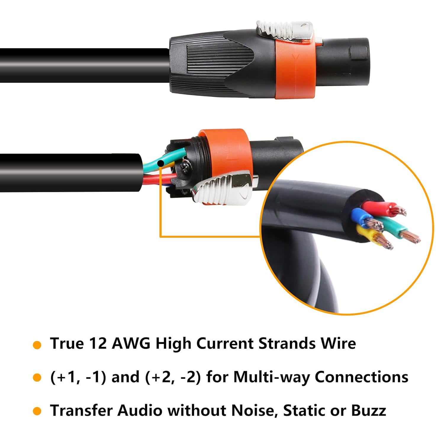 25 Feet Pack of 2 True 4 Conductor Speakon Cable - 4 Pole Speak-ON to SpeakON Cables - 12 AWG Heavy Duty PA DJ Stage Amplifier to Cabinet Wiring with Twist Lock (25 Ft., 2-Packs)