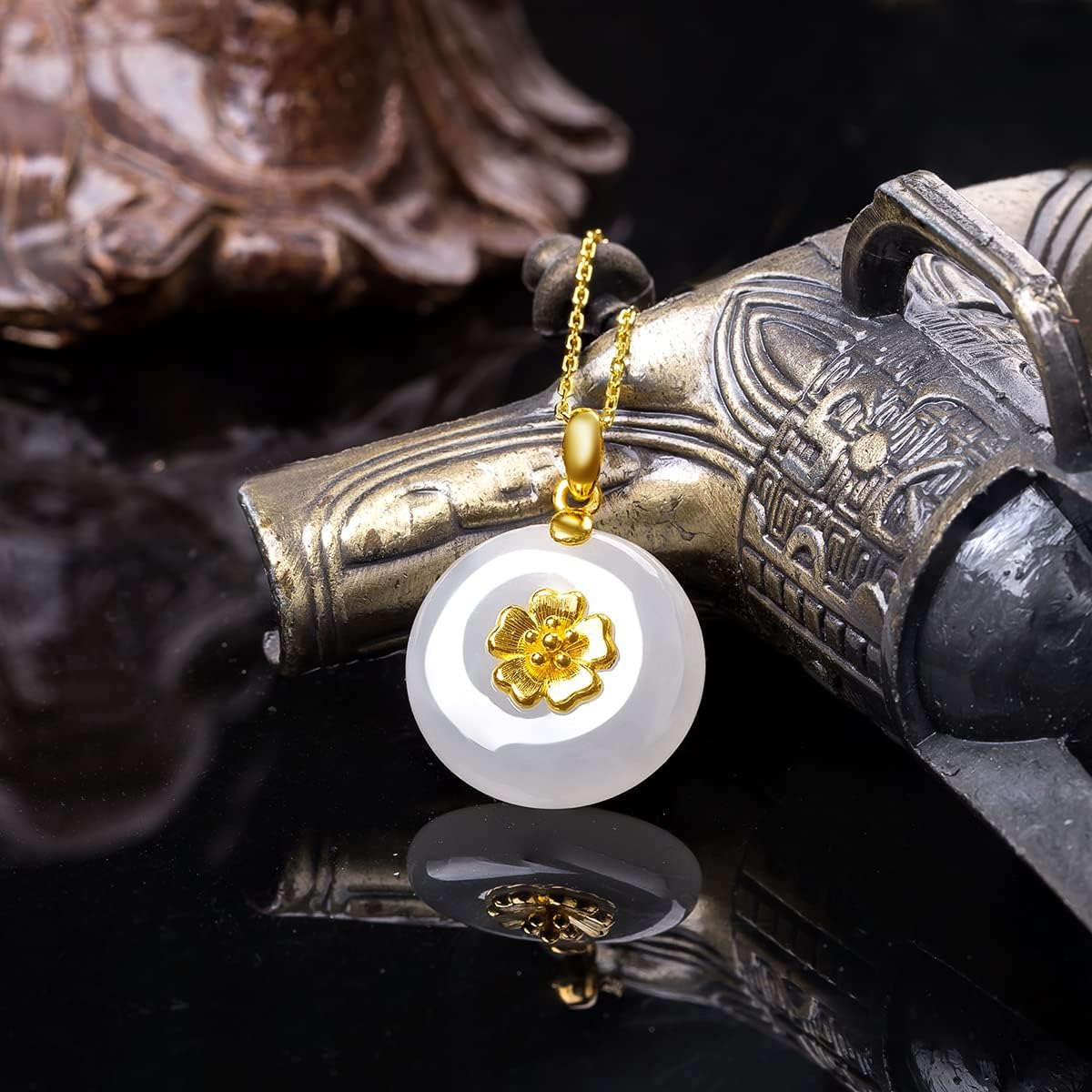 24K Solid Gold Pendant for Women, Real Pure Gold White Nephrite Jade Jewelry Accessory Round Pendant for Men Girlfriend (Not Include Necklace)