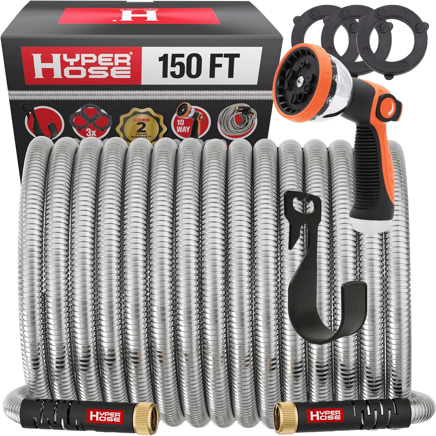 Best 150 ft Metal Garden Hose Set - No-Kink Durable 316 Stainless Steel, 10-Way Zync Spray Nozzle & Hook – Tough Flexible Heavy Duty Water Hoses, Naval Brass, Rust, Weather, LeakProof
