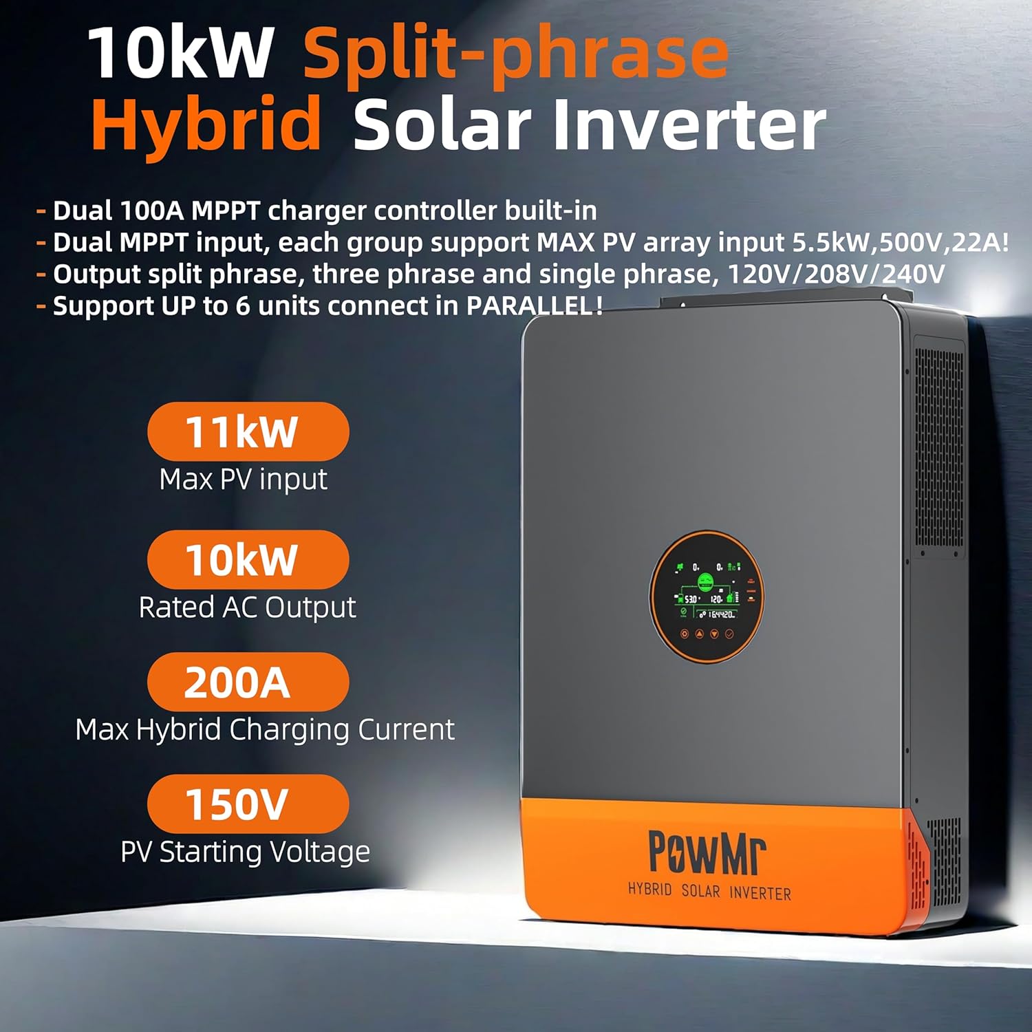 PowMr 10000W Hybrid Solar Inverter, 48V DC to 110V/240V AC Split Phase Inverter with 200A MPPT Controller, Max PV Input 11KW, 500VDC, Supports Up to 6 in Parallel, for Lead Acid Lithium Battery