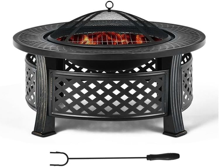 Generic Rustic Steel Outdoor Fire Pit with BBQ Grill with Poker and Mesh Cover