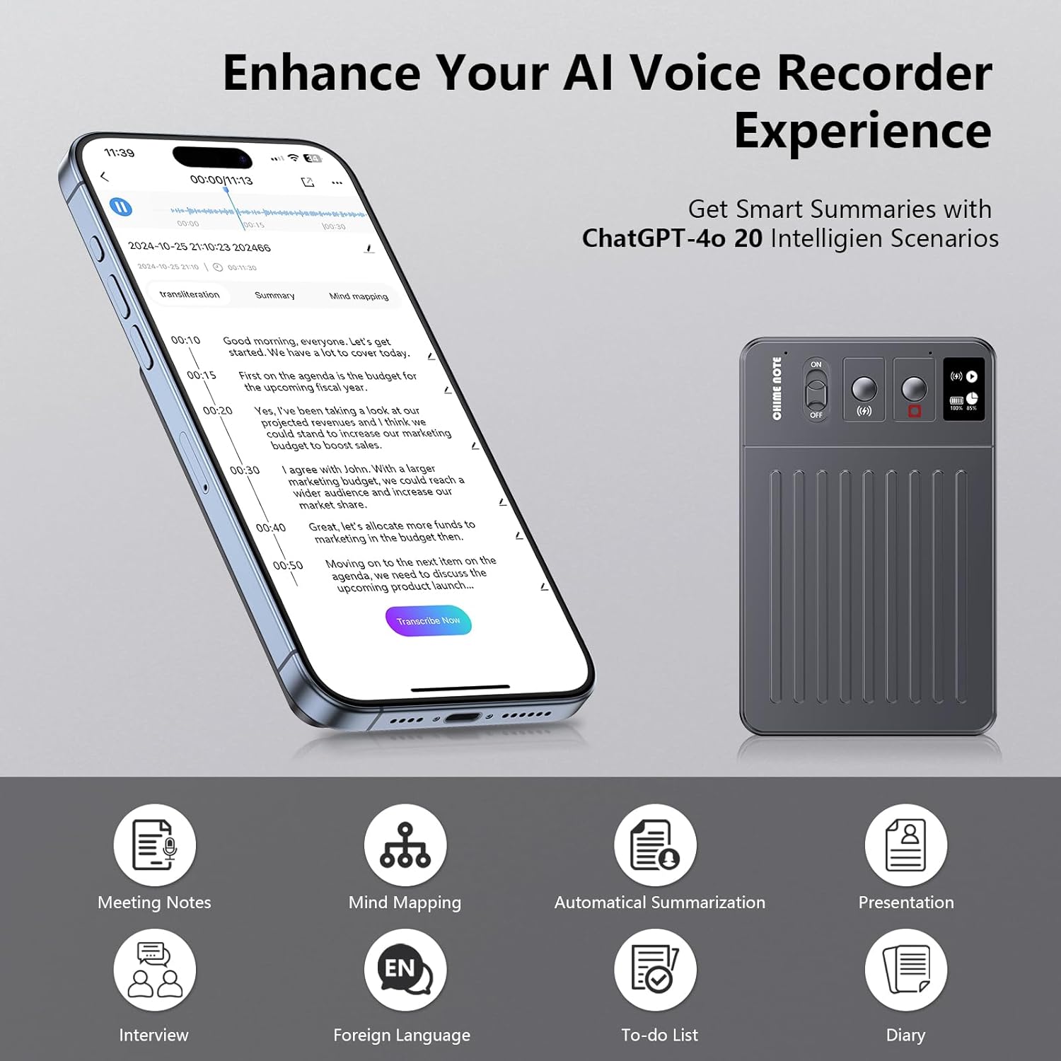 AI Voice Recorder, Voice Recorder with No Fee for Transcribe & Summarize, Empowered by ChatGPT, APP and WEB Sync, Support 107 Languages, 64GB Memory,Digital Voice Recorder for Meetings/Calls-Dark Gray