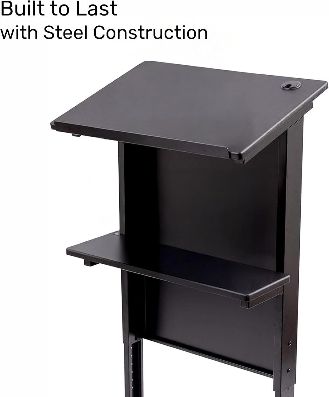 Stand Up Adjustable Height Lectern Podium | Rolling Desk with Storage Shelf | Ergonomic Standing Desk Frame for Office, Classroom, Laptop, Teaching, Presentations & More (Black)