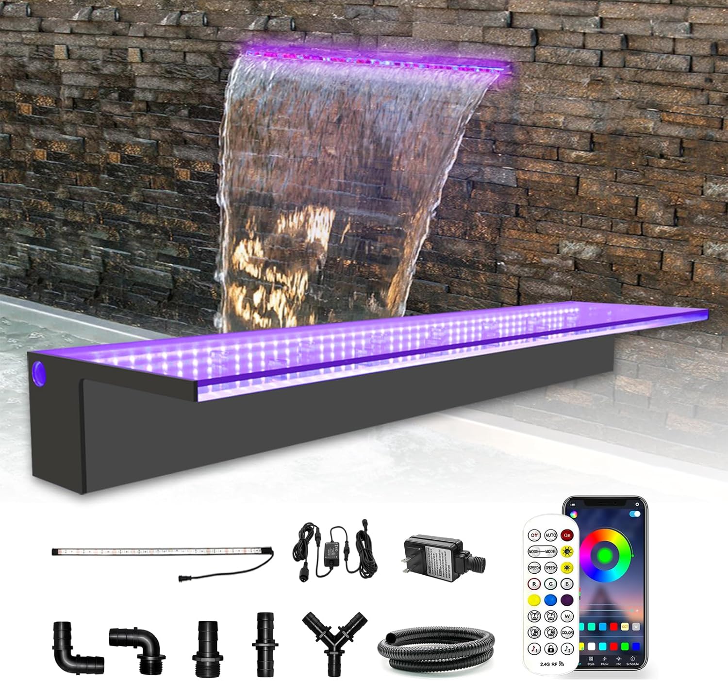 LONGRUN Waterfall Spillway, APP Control Multi-Color LED Light Outdoor Pool Fountain, Acrylic Water Spillway Koi Pond Waterfalls Fountains Kit for Garden Patio Swimming Pool Decoration-35.4