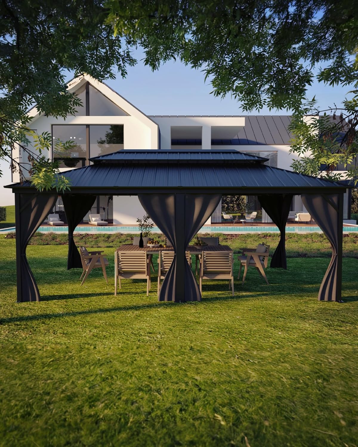 GarveeLife Outdoor Gazebo 12x20 Hardtop, Pergolas and Gazebos Clearance, Aluminum Frame Pavilion with Double Roof, Canopy Tent, Mosquito Netting & Privacy Curtains for Patio, Garden, Deck