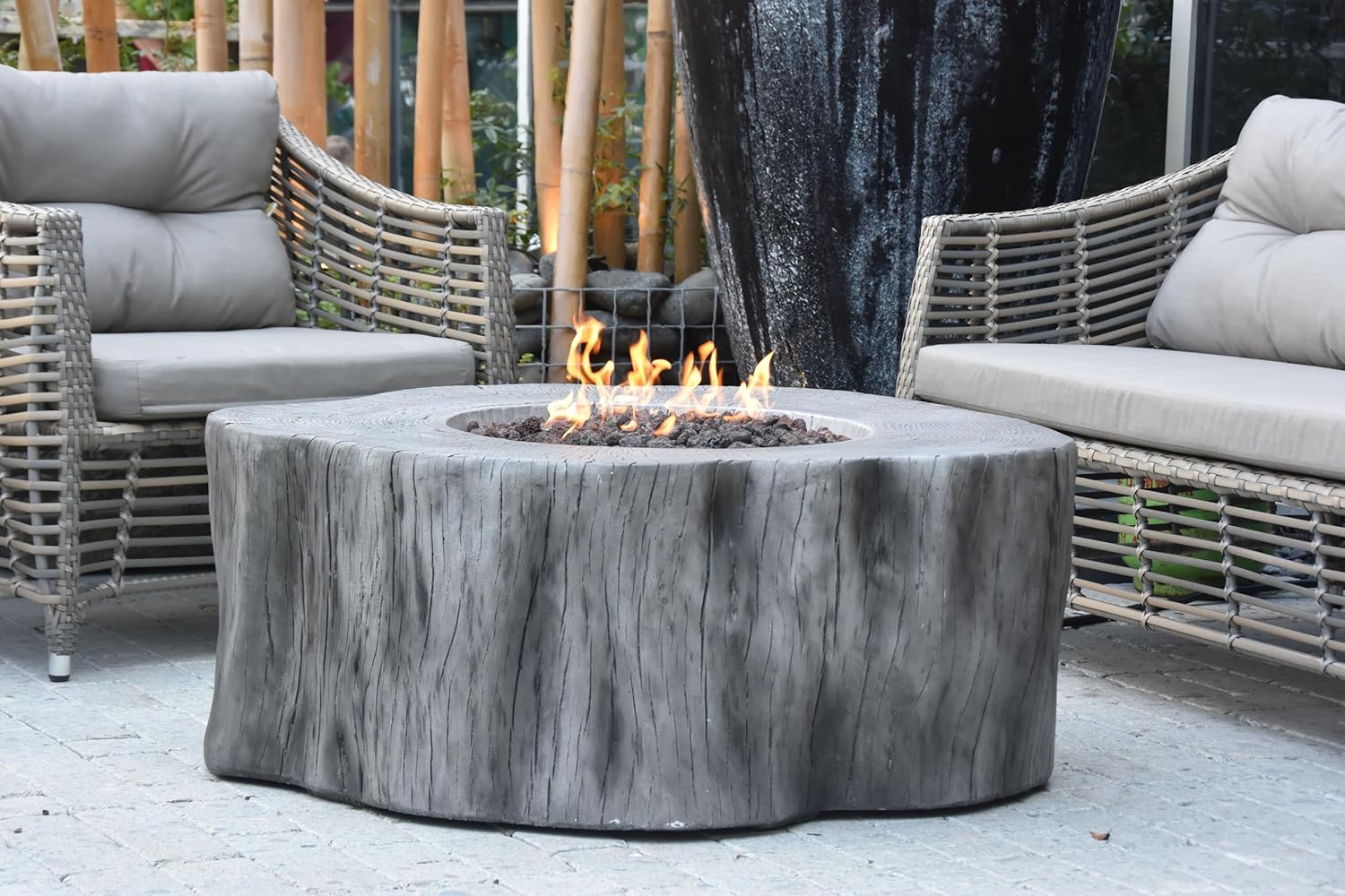 Elementi | Bundle Manchester Gas Fire Pit Cast Concrete Semi-Round Fire Table, Outdoor Fire Pit Electronic Ignition | Canvas Cover, Lava Rock Included | Classic Gray (Natural Gas)