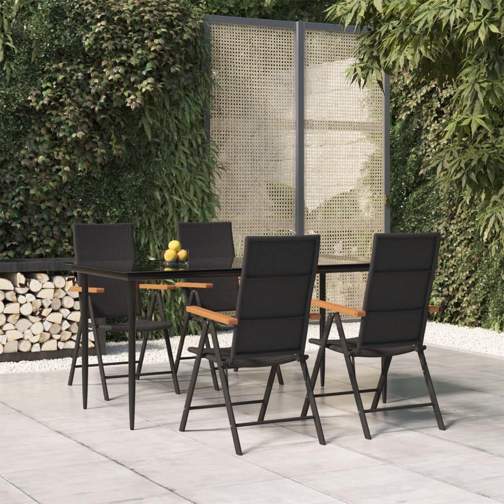 5-Piece Garden Dining Set, Black and Brown Poly Rattan, Outdoor Table and Chairs with Tempered Glass Top, Patio Furniture Set for Balcony, Garden, Terrace