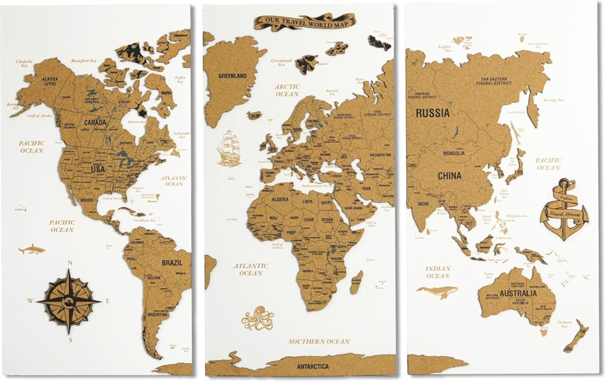 Colorfull Worlds Unframed White Cork World Map Wall Art – 53 x 34.6 inches – 3-Piece Design – Large Geographical Map – Home Office Decor – Modern Wall Art