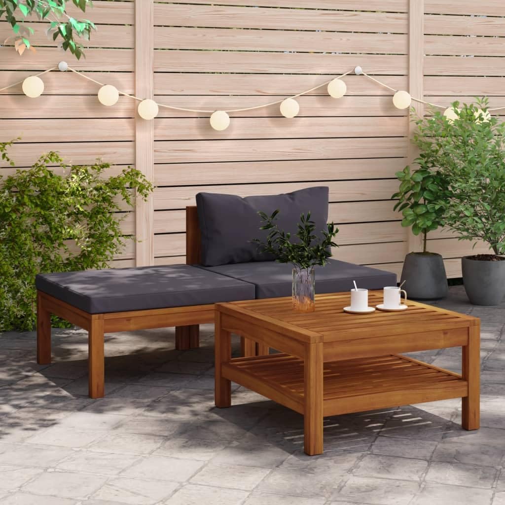 3 Piece Patio Lounge Set with Dark Gray Cushions Acacia Wood,Sturdy Acacia Wood Garden Lounge Set with Cushions for Outdoor Relaxation Patio Furniture Sets, Conversation Sets