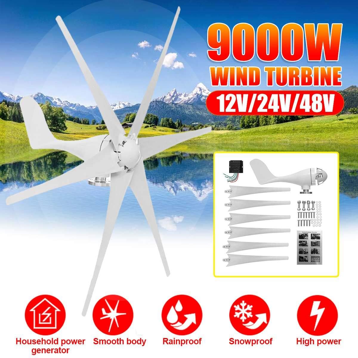 9000W 12V 24V 48V Wind Turbine with 6 Blades Nylon Fiber Wind Turbine Generator Home Powerful Windmill Energy Turbine Charge,24v
