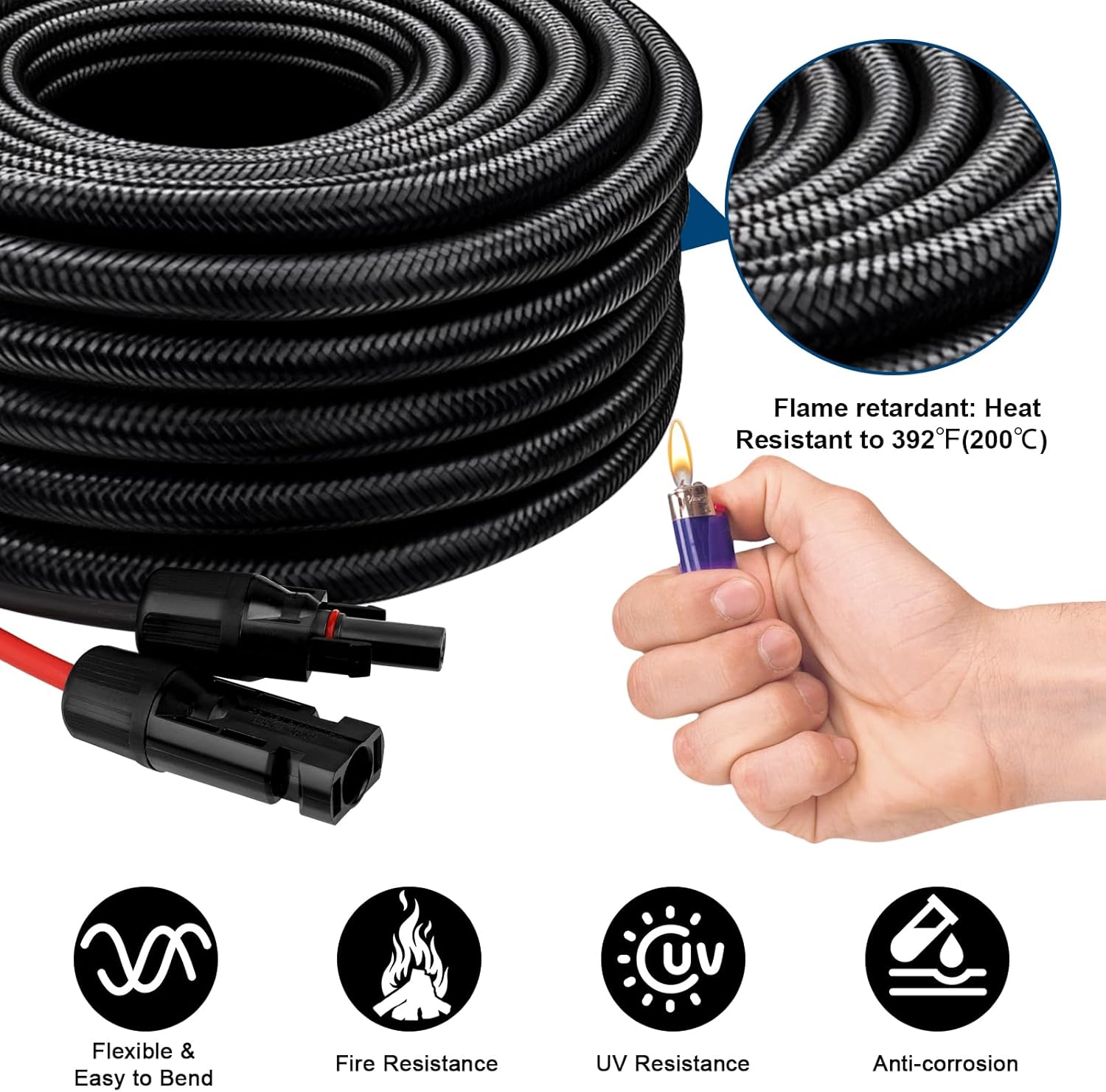 Solar Panel Extension Cable - 10AWG 50FT Solar Wire with Female & Male Waterproof Connector Flame Retardant Protective Sleeving PV Wire for RV, Photovoltaic Systems, Home, Boat, Solar Panels, Car