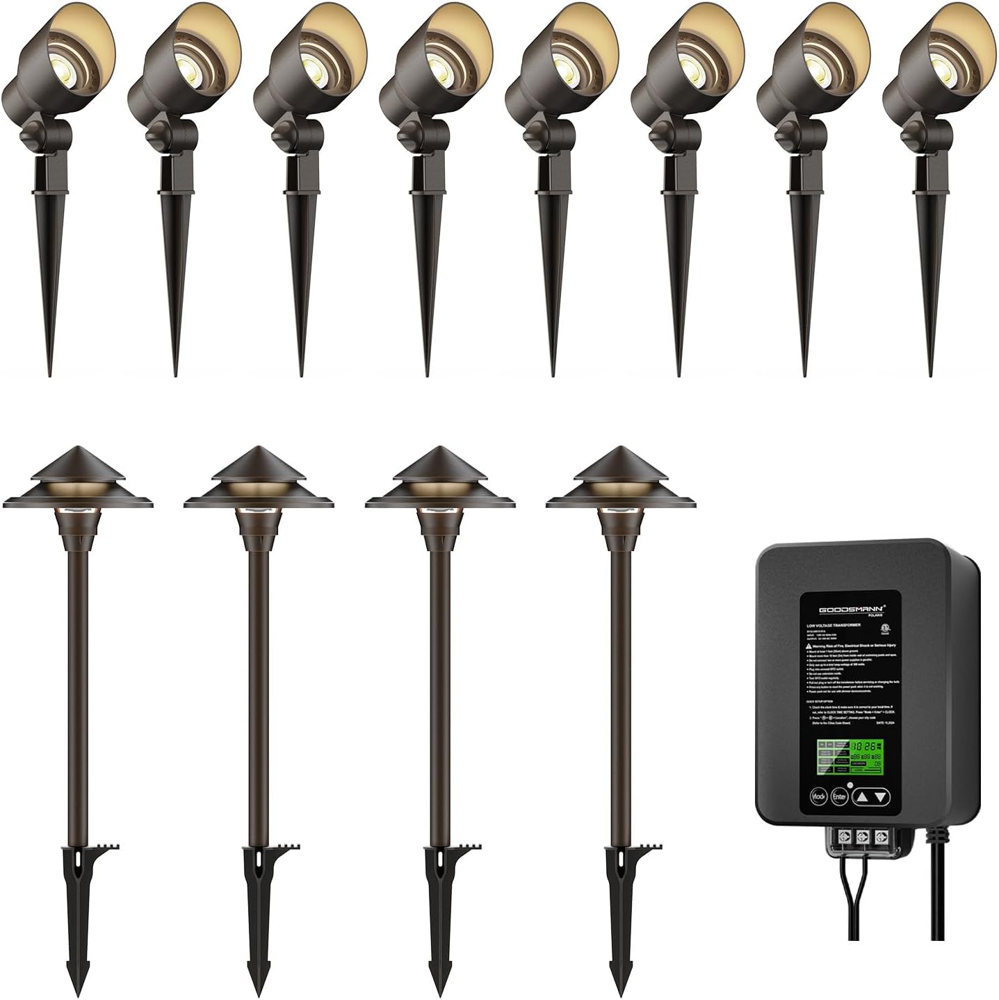 GOODSMANN Low Voltage Landscape Lighting 4PK LED Path Lights Oil Rubbed Bronze 4W 32 Lumen 8PK Landscape Spot Lights 3W LED 200 Lumen with 1PCS 300W Low Voltage Transformer