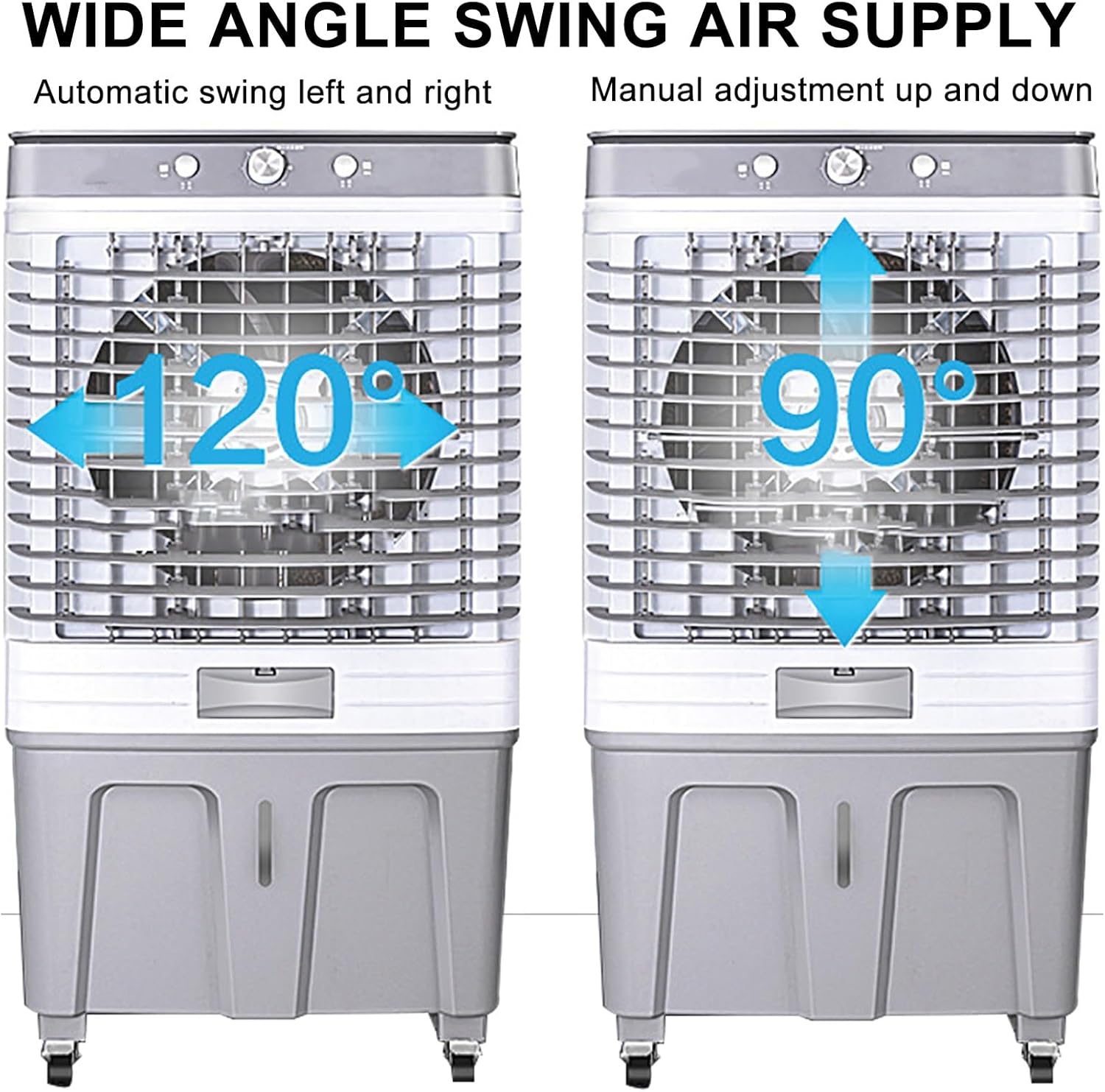 Portable Air Conditioner, Cooling Fan with 60L Water Tank, 4 Universal 360° Wheel, 4 Ice Box, 3 Speeds, for Room Garage Commercial