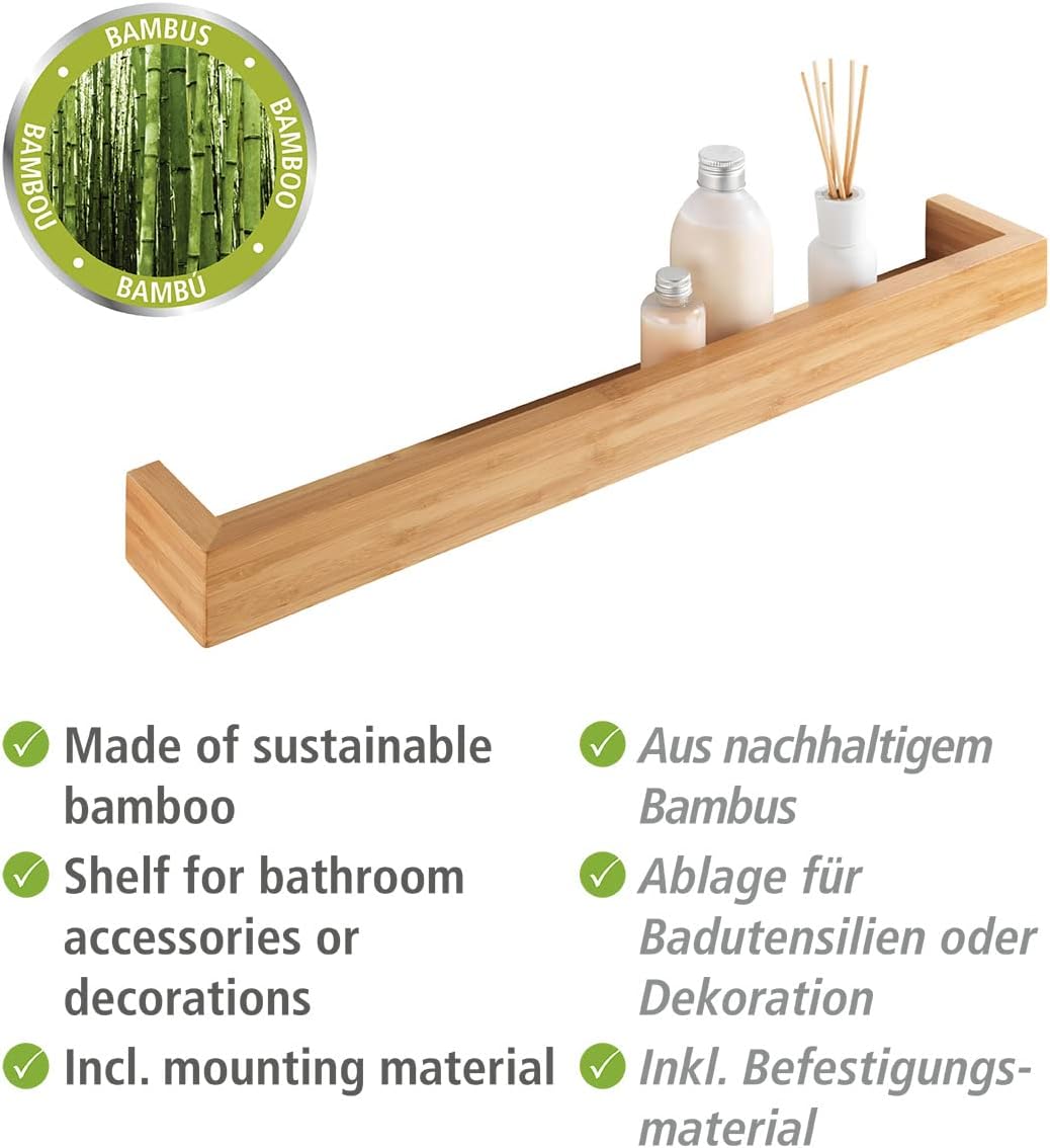 WENKO Bambusa Wall Shelf 60 cm | Bathroom Accessory | FSC® Certified Premium Bamboo | Storage Rack for Bathroom Utensils | Mounting Included | 60 x 9 x 5 cm | Wood