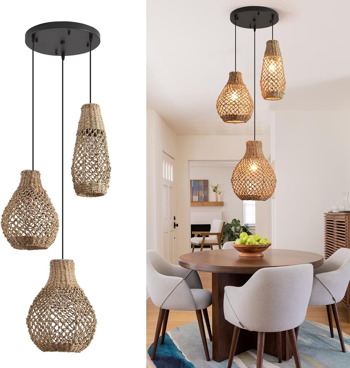 3-Lights Rattan Light, Hand Woven Pendant Chandelier, Coastal Rattan Pendant Light for Kitchen Island Dining Room, Restaurant, Hallway, Foyer,