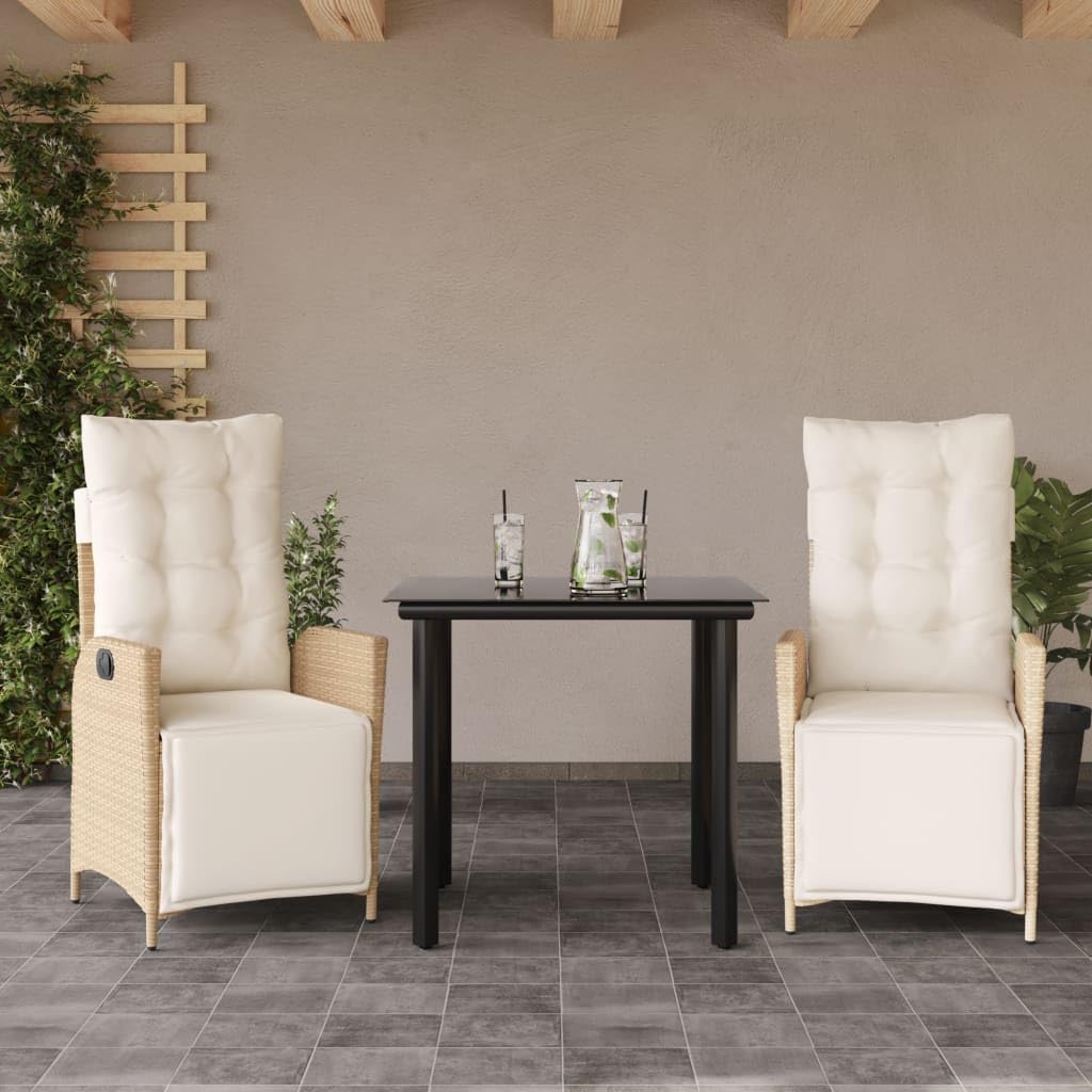 3 Piece Patio Dining Set with Cushions Beige Poly Rattan Garden Furniture