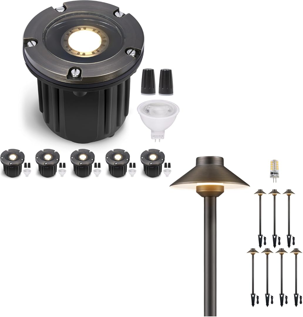 Gardenreet Low Voltage Landscape In Ground Lights Bundle, 6-Pack Brass 12V Well Light Wired, 8-Pack Brass LED Pathway Lights Outdoor, IP65 Waterproof with Bulb