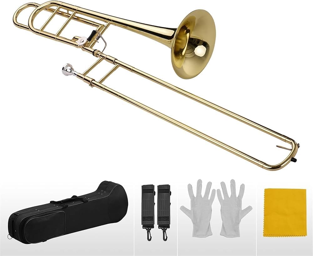 Upgraded Bb Flat Tenor Slide Trombone with F Trigger Complete Set with Mouthpiece, Carry Case, Gloves, and Cleaning Cloth
