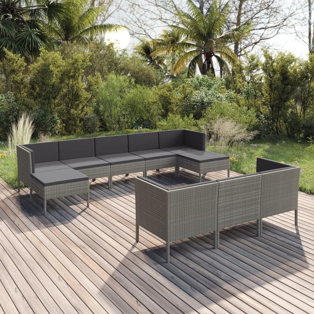 Garden Lounge Set Gray PE Rattan, Modular 10-Piece Outdoor Patio Furniture, Powder-Coated Steel Frame, Polyester Cushions for Backyard, Deck, Balcony