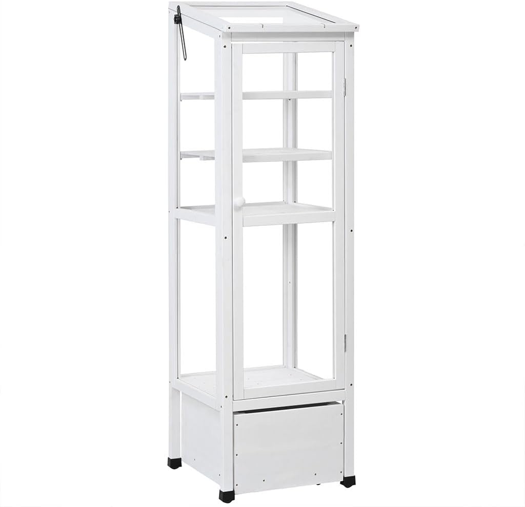 Wooden Cold Frame Greenhouse, Portable Garden Raised Flower Planter Shelf with 3 Removable shelves Mini Greenhouse Cabinet Garden Cold Frame with Movable Storage Box for Outdoor Indoor Use,White
