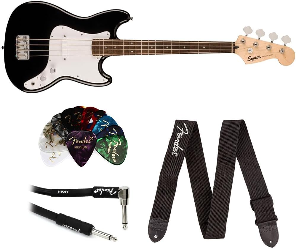 Fender 0373800506 Sonic Bronco Bass Laurel Fingerboard White Pickguard Black Bundle with Fender Logo Guitar Strap Black, 12-Pack Celluloid Picks, and Straight/Angle Instrument Cable