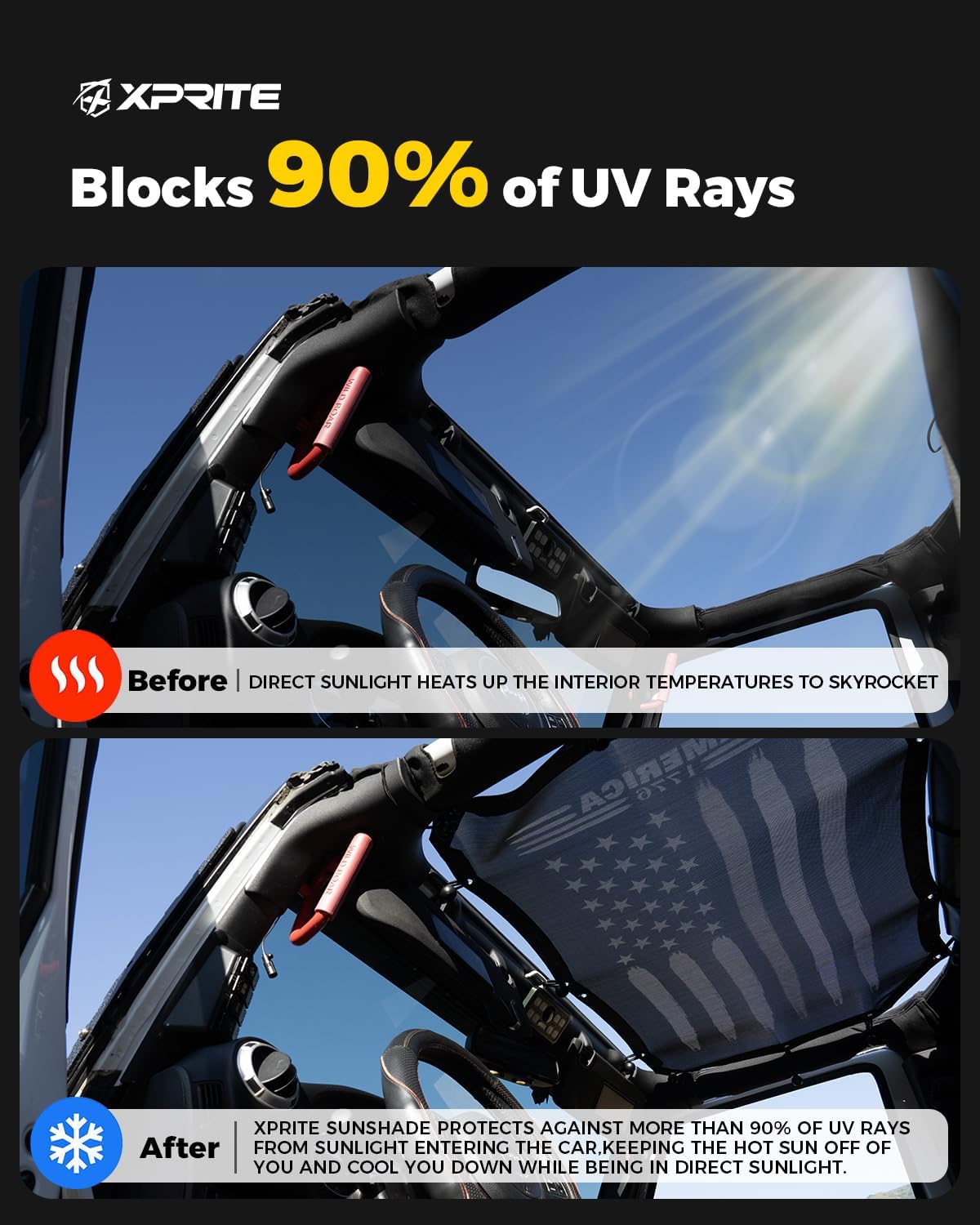Xprite US Flag Sunshade for 2018-2025 Jeep Wrangler JL 4XE, 4-Door Front & Rear Sun Shade Mesh Top, 2PCS UV/Wind/Noise Blocker, Bikini Top Cover for Off-Road Jeep Accessories