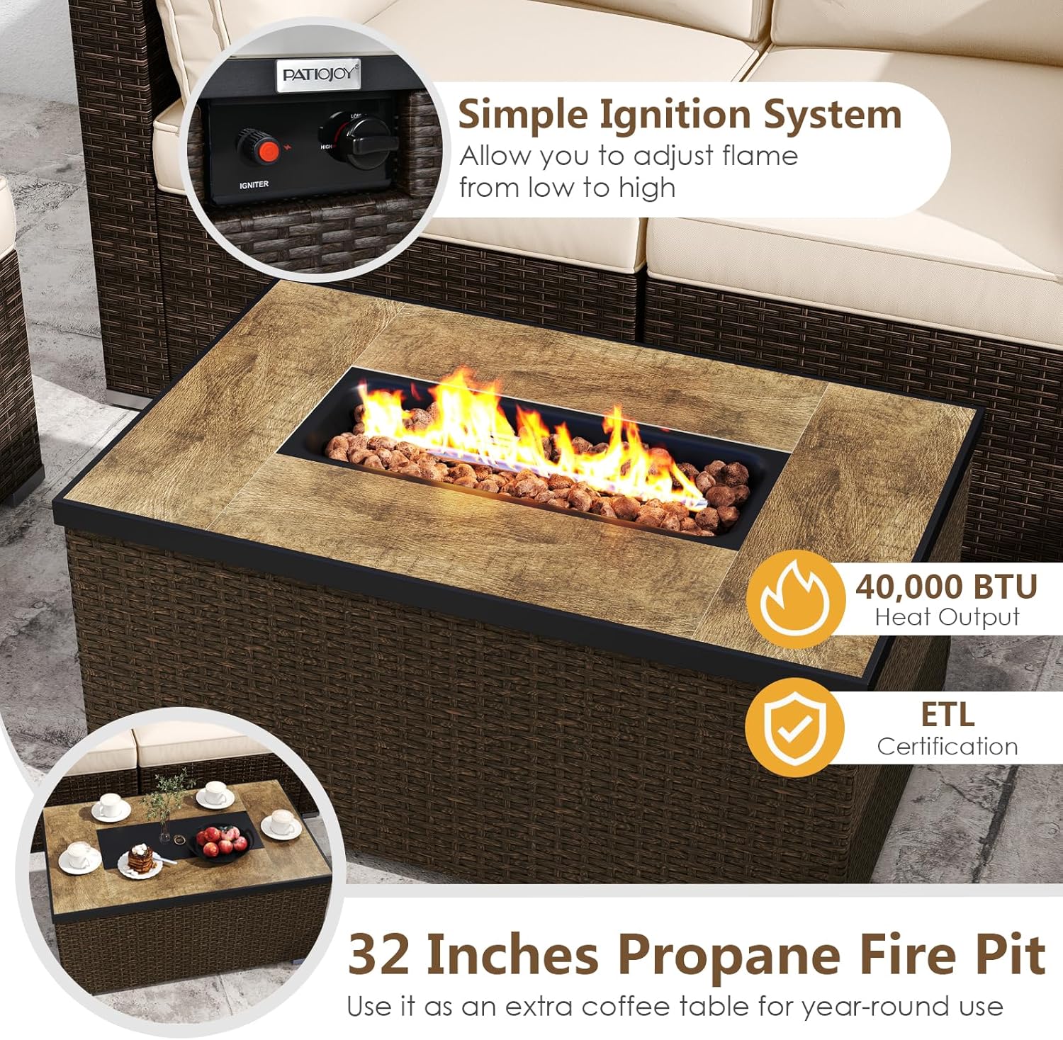 Tangkula 7 Pieces Outdoor Sectional Sofa Set Set with 32” Fire Pit Table and Propane Tank Cover, for Deck, Garden and Backyard, Fire Pit Protective Cover Included (Off White)