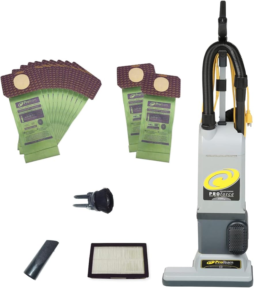 ProTeam ProForce 1500XP Bagged Upright Vacuum Cleaner with HEPA Media Filtration and 12 Extra Filter Bags, Commercial Upright Vacuum with On-Board Tools, Corded