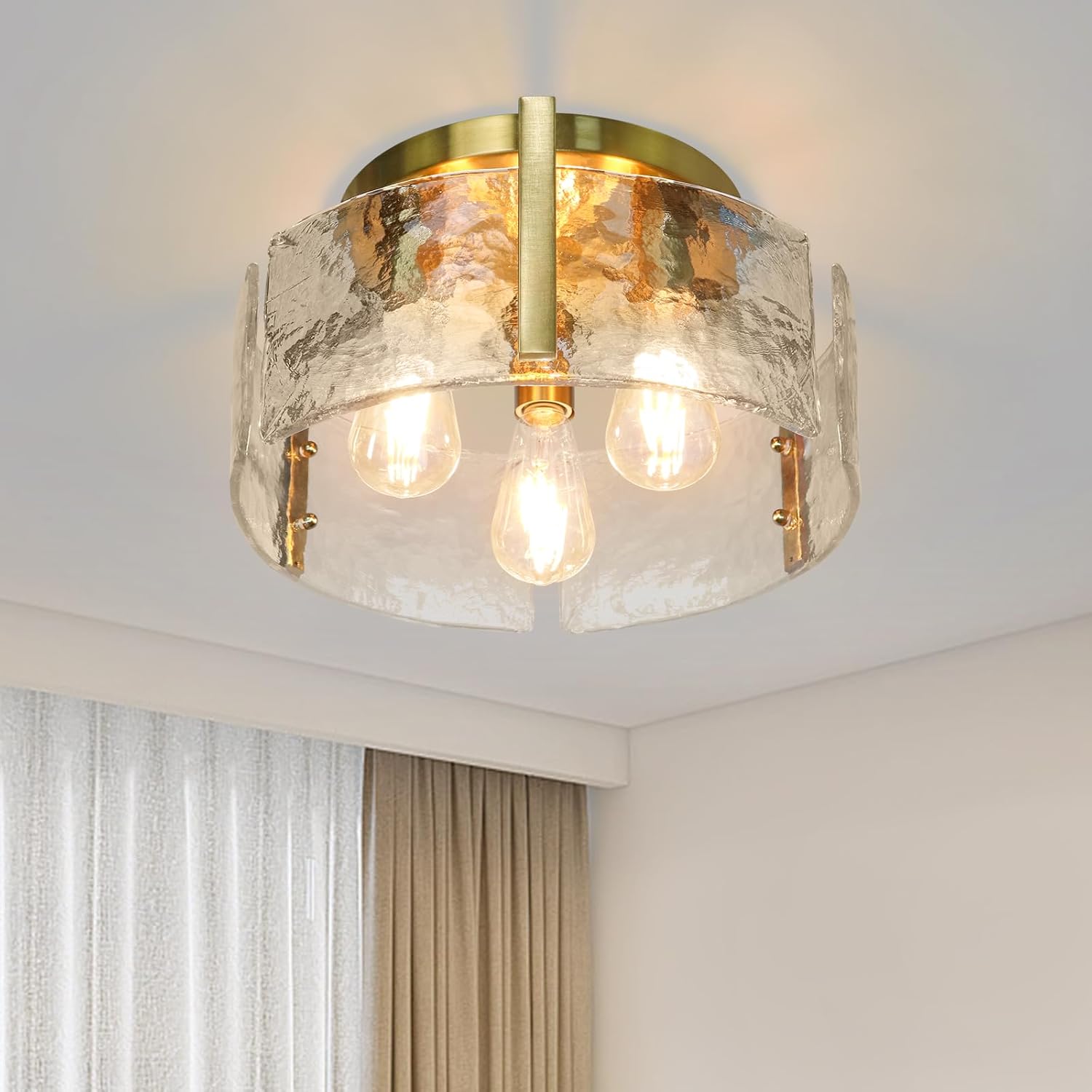 Gold Ceiling Light Fixtures, 14.17'' Flush Mount Modern Ceiling Lights with Clear Hammered Glass Shade, 3-Light Drum Chandelier Lighting Fixture for Kitchen Bedroom Entryway Bathroom Hallway Laundry