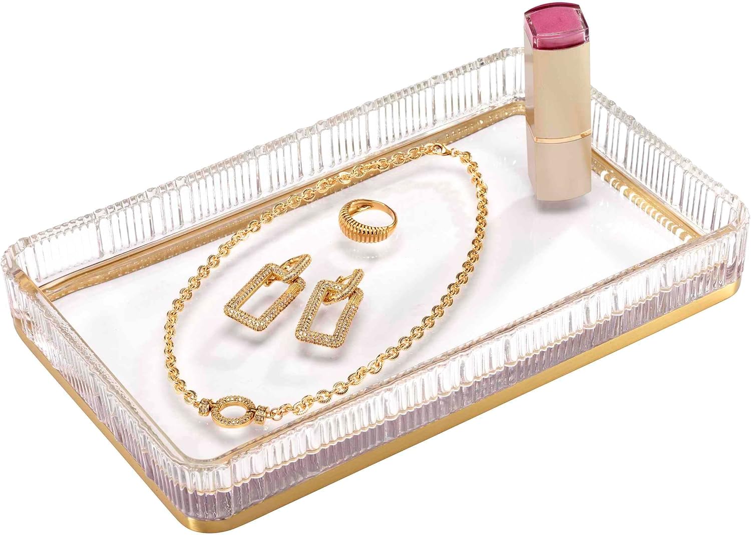 Nicole Miller - Bathroom Set, 3pc Glass Countertop Accessories, Dorm Room Essentials (Louise Collection, Clear)