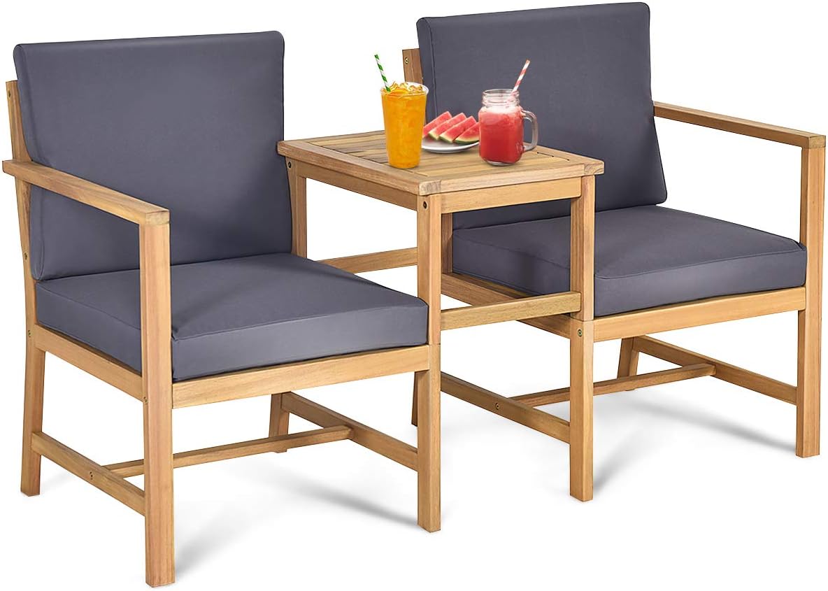 Tangkula 3 in 1 Acacia Wood Loveseat with Separable Coffee Table, 3-Piece Wooden Chairs Set with Cushions, 2-Seater Outdoor Furniture Set for Garden Backyard Balcony Patio Poolside (Natural Teak)