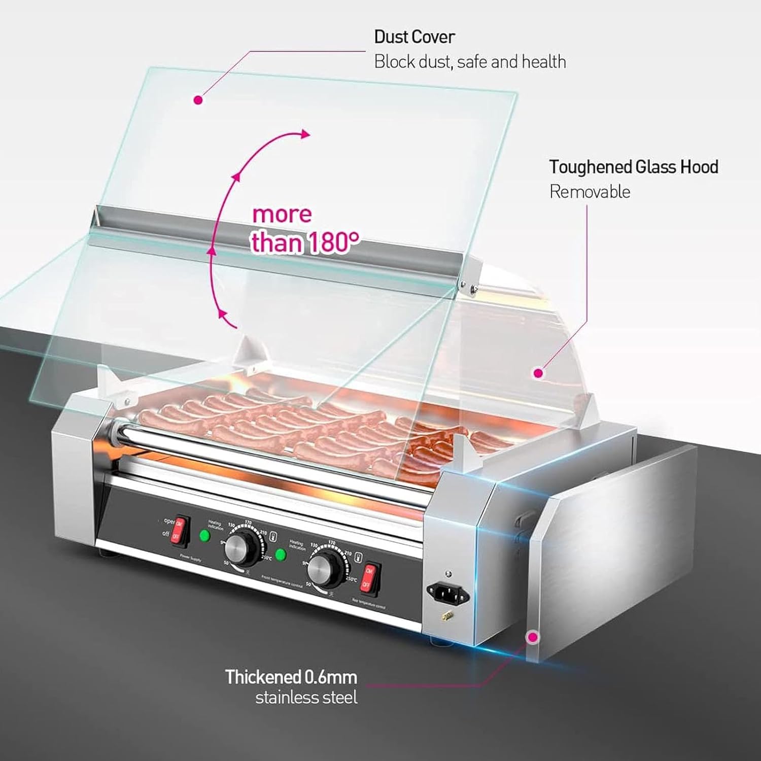 Hot Dog Roller Machine, Sausage Grill, High Power, Stainless Steel Table, Temperature Control, Suitable for Commercial and Home Use